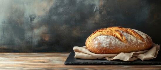 Poster - A loaf of freshly baked Lithuanian bread on a blackboard with a napkin set against a wooden background. with copy space image. Place for adding text or design