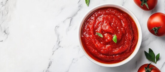 Canvas Print - Homemade tomato paste in a white bowl top view. with copy space image. Place for adding text or design