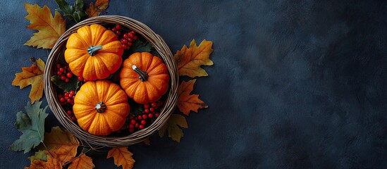 Poster - Beautiful pumpkins are in the basket alongside autumn leaves and berries set against a dark background Copy space Top view