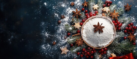 Aufkleber - Christmas tree decorated with flour berries and star anise spices homemade baked goods Top view. with copy space image. Place for adding text or design