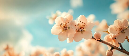 Aufkleber - Apricot tree blossoms set against a blue sky with clouds Springtime gardens in bloom Copy space for text Selective focus