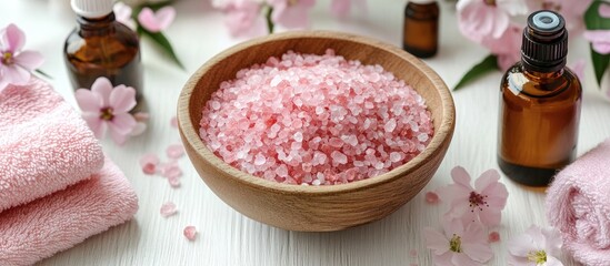 Poster - Spa or wellness Pink sea salt in a bowl bottles of essential oil towels and flowers on a white wooden surface Selective focus. with copy space image. Place for adding text or design