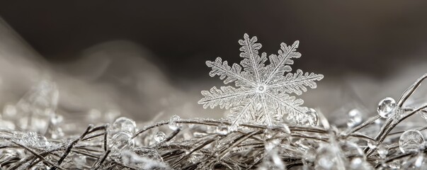 Wall Mural - A single snowflake captured in intricate detail, serene winter photography, natural beauty.