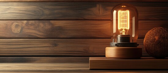 Poster - Vacuum tube radio lamp on a flat wooden board background with copyspace