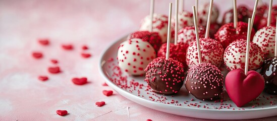 Poster - romantic Valentine cake pop arranged on a plate. with copy space image. Place for adding text or design
