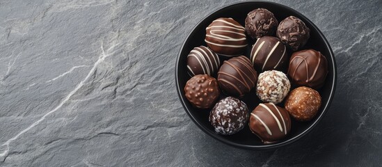 Fototapete - Chocolate candies and truffles in a black ceramic bowl on a grey slate background Copy space