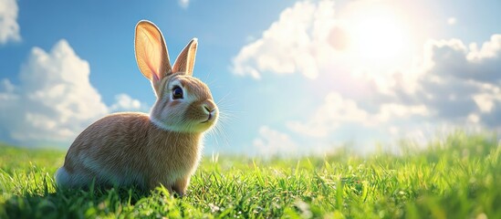 Poster - Adorable brown rabbit on grass with a sky backdrop. with copy space image. Place for adding text or design