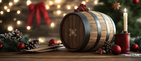 Fototapete - Christmas theme Interior featuring a wooden barrel vintage skis a candle with a candlestick and decorations Christmas interior design. with copy space image. Place for adding text or design