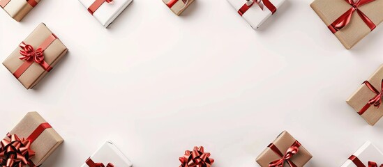 Aufkleber - A collection of festive gifts in decorative wrapping on a white background with copy space representing holiday celebrations such as Christmas Valentine s Day and birthdays in a flat view