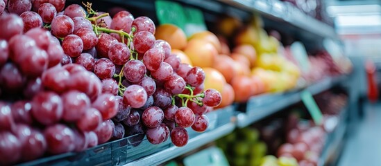 Fototapete - Close up of red grapes on a shelf in a fresh market Healthy fruits known for their antioxidants Suitable for background wallpaper and copyspace