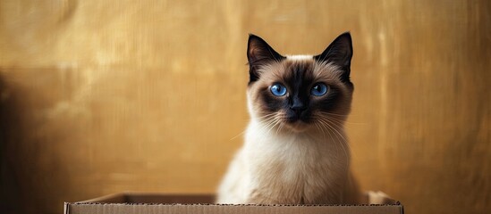 Poster - Pet adoption concept Siamese cat sitting in front of a cardboard box sandy colored background with a forlorn look and blue eyes. with copy space image. Place for adding text or design