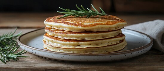 Poster - Pancakes with rosemary on a plate set against a wooden backdrop. with copy space image. Place for adding text or design