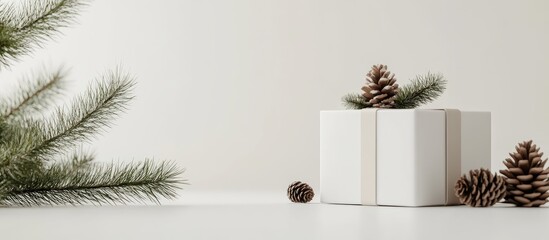 Leinwandbilder - Mockup white gift box on a white background adorned with a Christmas tree branch and cones Concept of Christmas winter holidays and New Year Copy space close up