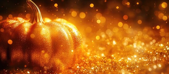 Poster - Halloween Celebration Background Featuring a Glittering Glowing Pumpkin Selective Focus in Close Up with Copy Space