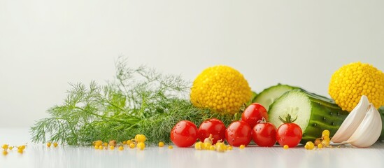 Fototapete - Yellow dill umbrellas two garlic bulbs three red cherry tomatoes and a green cucumber on a white background with a space for text. with copy space image. Place for adding text or design