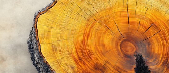 Poster - Top view shot of a large yellow tree cross section showing annual rings and cracks in the wood stump Represents natural texture and environmental themes. with copy space image