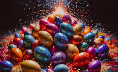 Aufkleber - Pile of colorful eggs. Some are blue, some are yellow, and some are red. They are all different sizes