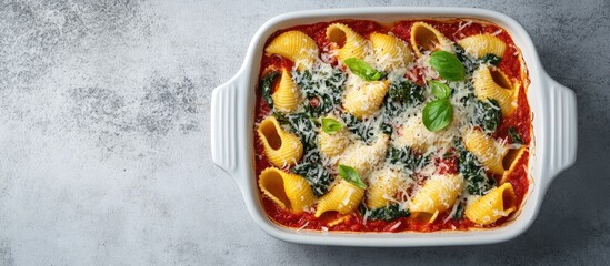 Aufkleber - Raw conchiglioni pasta filled with ricotta cheese and spinach topped with tomato sauce and parmesan cheese presented in a white baking dish on a gray concrete surface. with copy space image