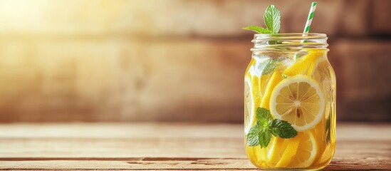 Aufkleber - Refreshing ice cold water with lemon and mint served with a paper disposable straw Lemonade in a glass jar perfect for spring and summer days Light wooden background with copyspace