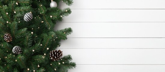 Leinwandbilder - Christmas backdrop featuring a decorated Christmas fir tree set against a white wooden board background Top view copy space