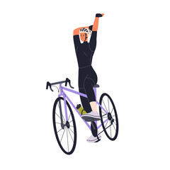 Wall Mural - Cyclist with bike, stretching arms. Athlete on bicycle, wearing cycling outfit and helmet, pausing during active sport workout, training. Flat vector illustration isolated on white background