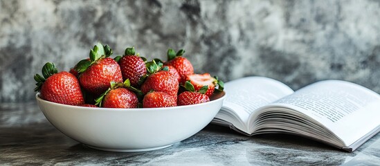 Wall Mural - Bowl of fresh strawberries alongside a white recipe book. with copy space image. Place for adding text or design