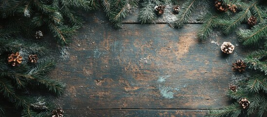 Fototapete - Christmas tree scattered on aged wood Tinted. with copy space image. Place for adding text or design