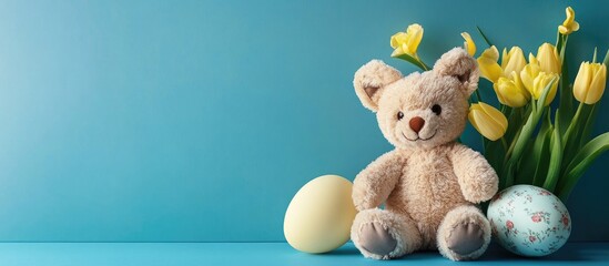 Poster - Easter arrangement featuring an adorable teddy rabbit toy yellow tulips and a large egg against a blue background. with copy space image. Place for adding text or design
