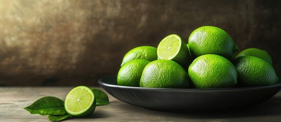Fototapete - Fresh limes on a dish. with copy space image. Place for adding text or design