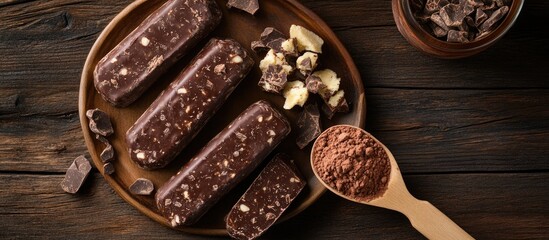 Aufkleber - Top view of chocolate salami on a plate and a wooden scoop filled with cocoa on a wooden table. with copy space image. Place for adding text or design