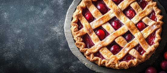 Poster - Plum pie on a rustic stone surface Top view Copyspace