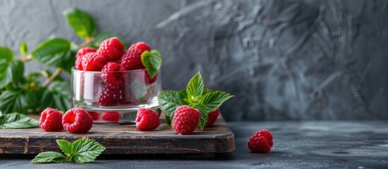 Leinwandbilder - Ripe juicy raspberries in a clear glass on a wooden board with green leaves in the background Dark gray backdrop text space available. with copy space image. Place for adding text or design