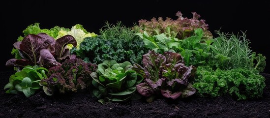 Poster - A beautiful and fresh selection of lettuces and various culinary herbs available for purchase at a garden center. with copy space image. Place for adding text or design