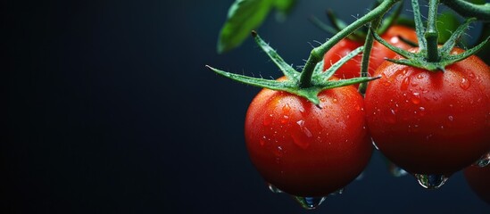 Leinwandbilder - fresh tomato sprig against a dark backdrop closeup. with copy space image. Place for adding text or design