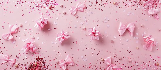 Leinwandbilder - Pastel pink confetti bows and paper decorations Flat lay top view Holiday setup for a birthday party New Year Christmas celebration or hen party theme Flat lay top view. with copy space image