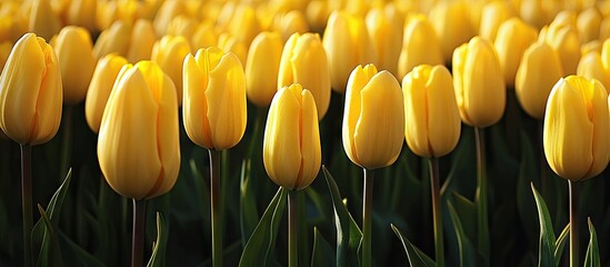 Fototapete - Rows of yellow tulips in the countryside of the Netherlands. with copy space image. Place for adding text or design
