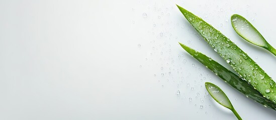 Poster - Minimalist composition featuring organic Aloe Vera cosmetic gel and a fresh green twig against a white background providing copy space for your text Concept of natural cosmetics and skin care
