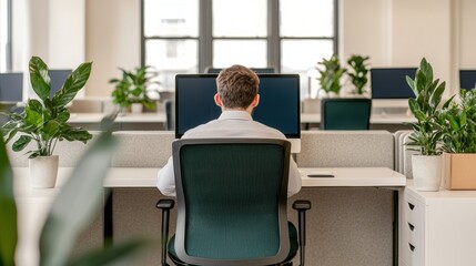 Poster - Office worker sitting at desk with computer in modern workspace with plants