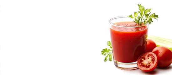 Leinwandbilder - Glass of tomato juice with vegetables set against a white background. with copy space image. Place for adding text or design