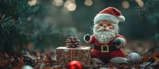 Poster - vintage Santa doll in the woods gift box Christmas ornaments. with copy space image. Place for adding text or design