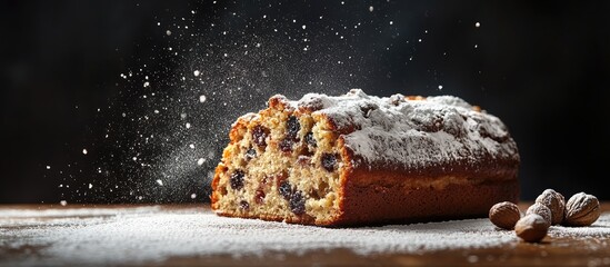 Fototapete - Cut open German Stollen cake a fruit bread made with nuts and dried fruits topped with powdered sugar and traditionally enjoyed during the Christmas season. with copy space image