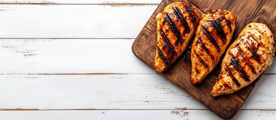 Leinwandbilder - Grilled chipotle chicken breast on a rustic wooden board set against a white wooden background viewed from a low angle Copy space