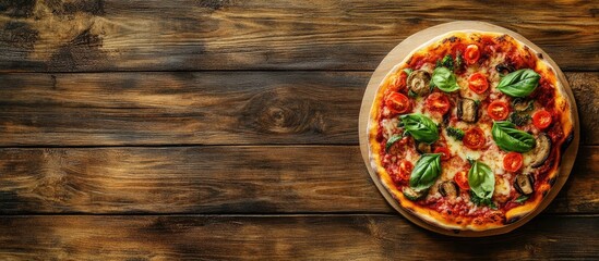 Poster - Brazilian vegan pizza on a wooden surface. with copy space image. Place for adding text or design