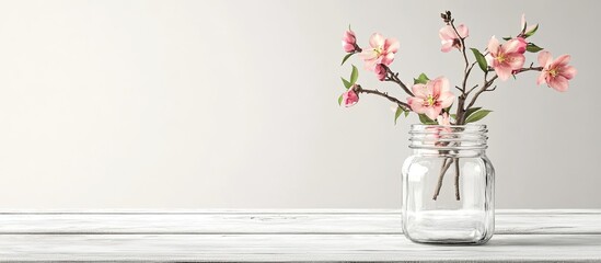 Aufkleber - Pink blooming peach flower branches in a simple vintage glass jar on a white wooden table. with copy space image. Place for adding text or design
