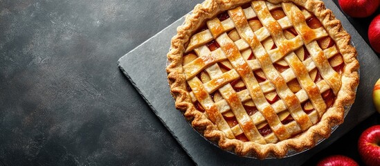 Poster - Homemade apple pie on a stone countertop Delicious breakfast creator s recipe. with copy space image. Place for adding text or design