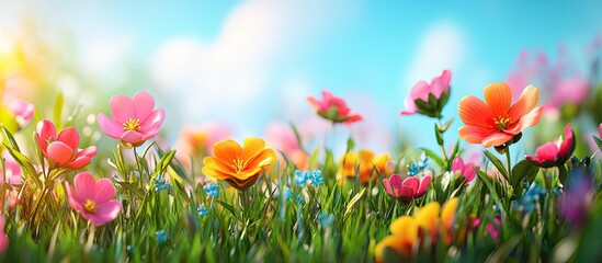 Wall Mural - Beautiful floral backdrop Stunning view of vibrant flowers blossoming in the garden on a sunny spring day featuring green grass and a blue sky landscape. with copy space image