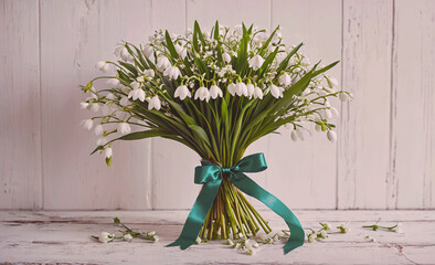Poster - Bouquet of white flowers with green ribbon. The ribbon is tied around the stems. The flowers are arranged in a vase