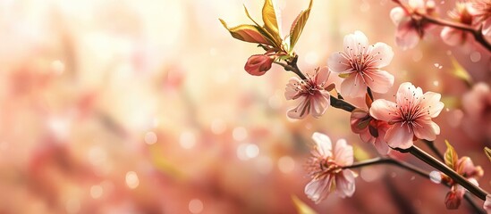 Poster - Blooming cherry branch in the spring garden during the wedding ceremony. with copy space image. Place for adding text or design