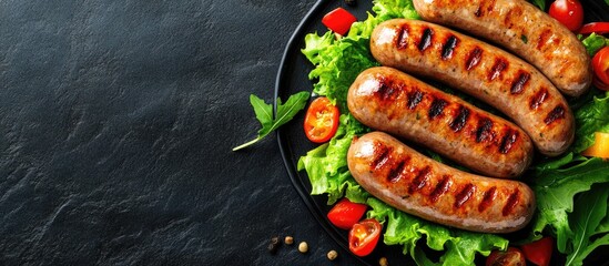 Fototapete - Grilled delicious sausages accompanied by a salad of fresh vegetables Copy space Top view