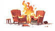 © Sahraya - Burning broken chairs and armchairs, old junk furniture in fire, defected home interior objects with torn upholstery and sticking springs isolated on white background, Cartoon vector illustration, set